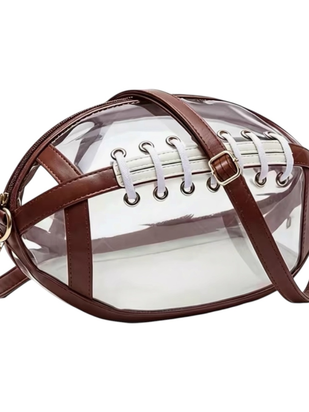 NWOT Clear Football-Shaped Crossbody Bag with Brown Trim